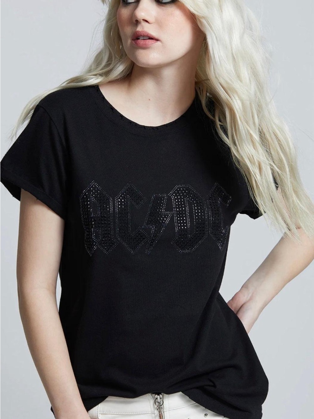 Recycled Karma AC/DC Rhinestone Black Band Tee Size Large